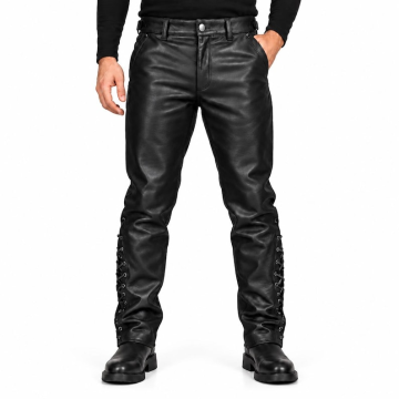 Men's black leather biker pants with lace-up calf details – front view