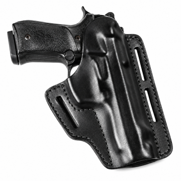 Black leather OWB holster worn on a belt with blue jeans