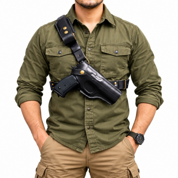 Black leather chest holster with shoulder harness worn over olive green jacket