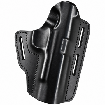 Black leather Colt 1911 OWB pancake holster with molded contours and four belt slots