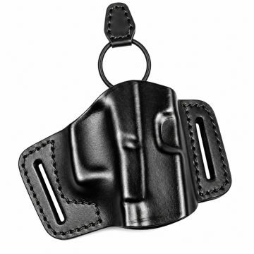 Black leather Glock OWB belt holster with two belt slots and metal ring detail