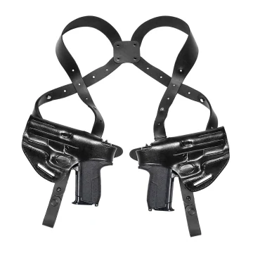 Horizontales Schulterholster aus schwarzem Leder - Doppelmagazin, Thumb-Break (OWB umwandelbares)