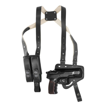 Horizontales Schulterholster aus schwarzem Leder mit Doppel-Magazintasche