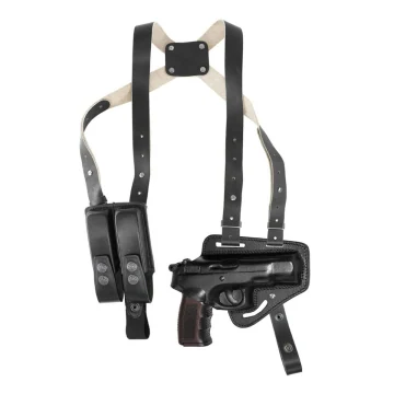 Horizontales Schulterholster aus schwarzem Leder mit Doppel-Magazintasche