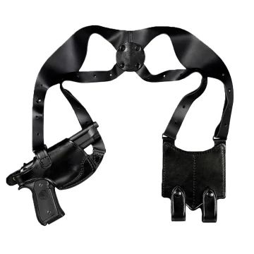 Horizontales Schulterholster aus schwarzem Leder mit Doppelmagazintasche