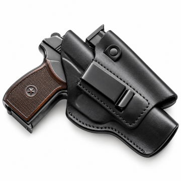Black leather IWB holster with integrated magazine pouch and snap-button closure, front view