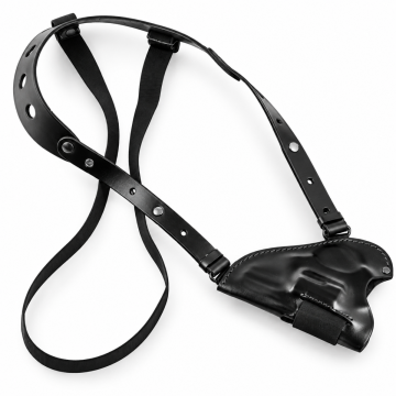 Black leather Ruger SP101 shoulder holster with adjustable harness and molded revolver body