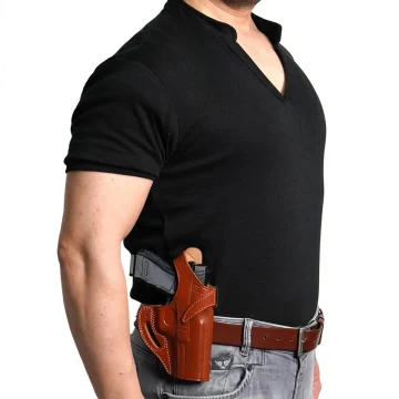 Braunes Leder-Schulter- und Gürtelholster mit Doppelmagazintasche