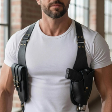 Schulterholster aus schwarzem Leder mit Doppel-Magazintasche