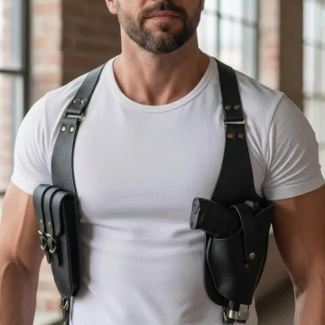 Schulterholster aus schwarzem Leder mit Doppel-Magazintasche