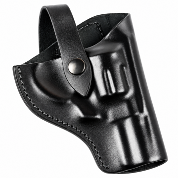Rear view of black leather snub nose revolver holster with stitched belt attachment