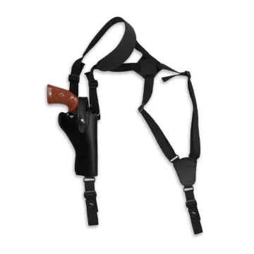 Vertikales Schulterholster aus schwarzem Leder für Revolver - Gurtband-Tragesystem