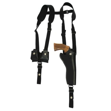 Vertikales Schulterholster aus schwarzem Leder mit Speed Loader Tasche