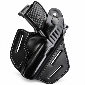 Black leather Walther PPK OWB holster with molded construction and stitched belt slots