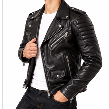 Male model wearing black asymmetrical leather biker jacket in angled pose