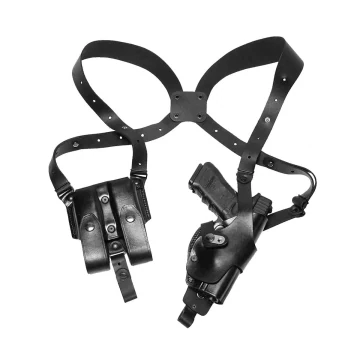 Vertikales Roto Schulterholster aus schwarzem Leder mit Doppelmagazintasche (Stahl-Thumb-Break-Sicherung)