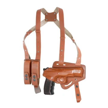 Horizontales Schulterholster aus braunem Leder mit Doppel-Magazintasche