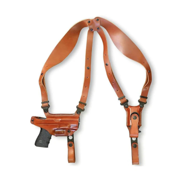 Horizontales Schulterholster aus braunem Leder mit Magazintasche