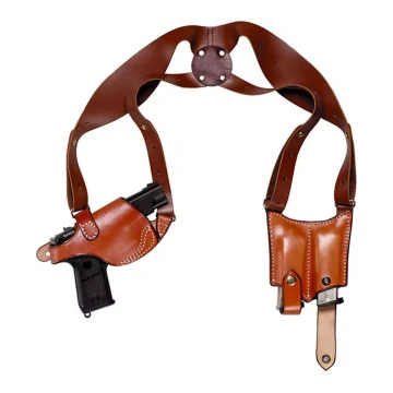 Horizontales Schulterholster aus braunem Leder mit Doppelmagazintasche