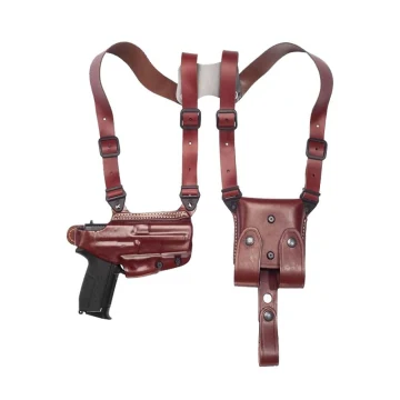 Horizontales Schulterholster aus braunem Leder mit Doppel-Magazintasche