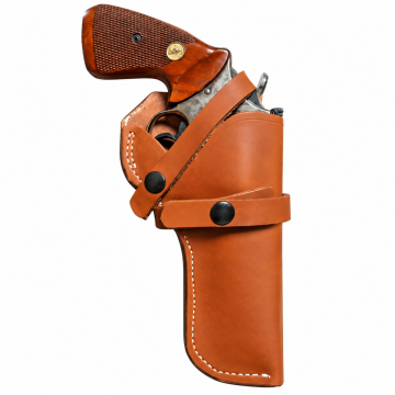 Brown leather revolver field holster with white stitching and belt attachment