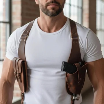 Schulterholster aus braunem Leder mit Doppel-Magazintasche
