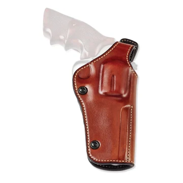 Braunes Leder-Gürtelholster für seitliches Tragen und Querzug mit Daumensicherung