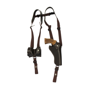 Vertikales Schulterholster aus braunem Leder mit Speedloader
