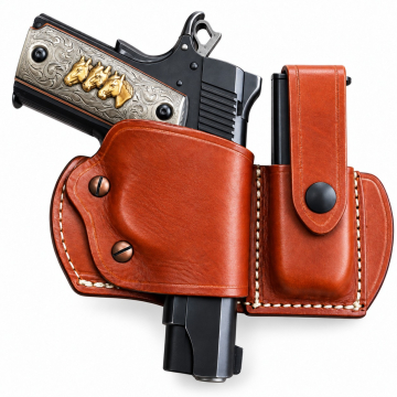 Brown leather OWB slide holster with integrated magazine pouch, front view