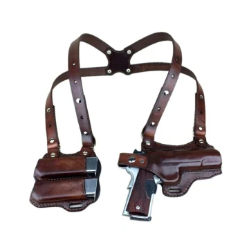 Handgefertigtes horizontales Schulterholster aus braunem Leder mit Doppelmagazintasche