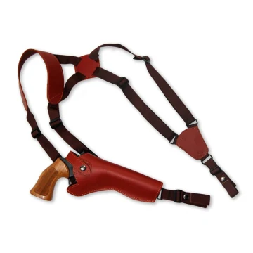 Vertikales Schulterholster aus bordeauxrotem Leder für Revolver - Gurtband-Tragesystem
