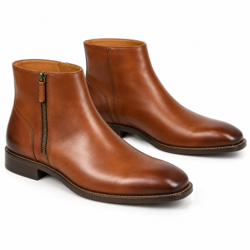 Pair of cognac leather side-zip ankle boots with plain toes, tan edge stitching and low dark brown heels on a white background.