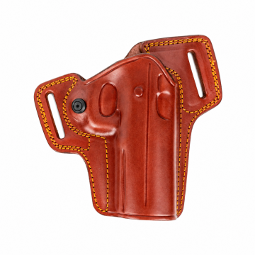 CZ Shadow 2 Compact brown leather OWB holster with golden contrast stitching