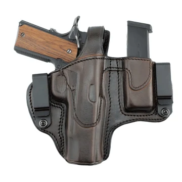 Dunkelbraunes Lederholster für zwei Trageweisen mit Magazintasche