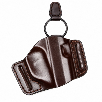 Dark brown leather minimalist OWB holster with dual belt slots, contrast stitching and metal ring detail