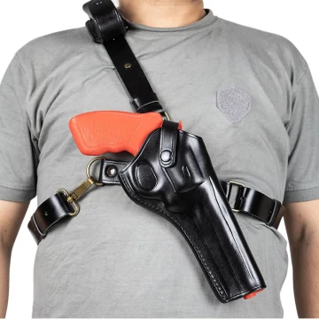 Brustholster aus schwarzem Leder mit Thumb-Break-Sicherung
