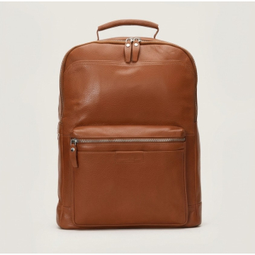 Brown leather backpack front view with zippered pocket and top handle