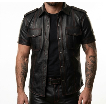Men's Black Leather Short-Sleeve Button-Down Shirt – Classic Design, Front View