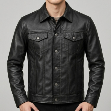 Men's classic black leather trucker jacket front view