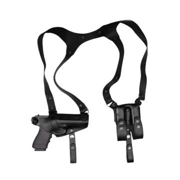 Horizontales Schulterholster aus schwarzem Leder mit Doppelmagazintasche