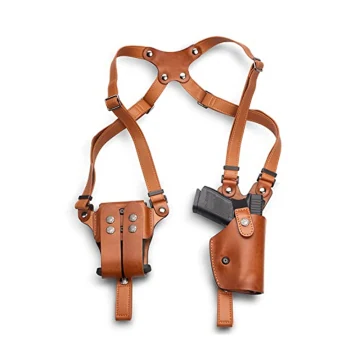 Handgefertigtes vertikales Schulterholster aus hellbraunem Leder mit Doppelmagazintasche
