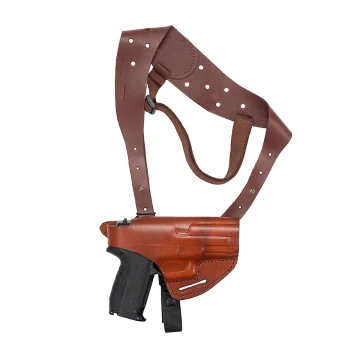 Horizontales Schulterholster aus braunem Leder mit Stahl-Thumb-Break-Sicherung