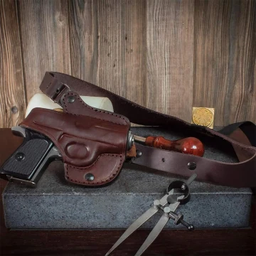 Horizontales Schulterholster aus braunem Leder - Thumb-Break-Sicherung, Passgeformtes