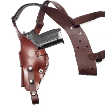 Vertikales Roto Schulterholster aus braunem Leder mit Stahl-Thumb-Break-Sicherung