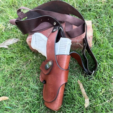 Vertikales Schulterholster aus braunem Leder - Thumb-Break (Roto Mount)