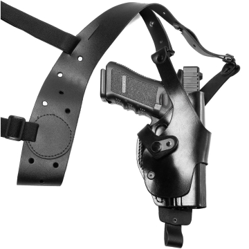 Vertikales Roto Schulterholster aus schwarzem Leder mit Stahl-Thumb-Break-Sicherung