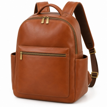 Leder-Wickelrucksack mit Unterlage nach Mass - Geschlossene Vorderseite, ein flaches Reissverschlussfach und Seitentaschen