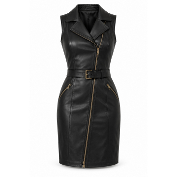 Ärmelloses Lederkleid im Biker-Stil mit Gürtel - Vorderansicht, schräger Reissverschluss und Gürtel