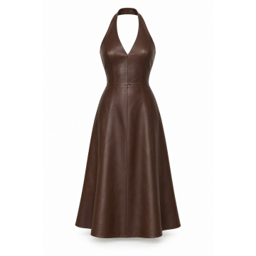 Leder-Neckholder-Midikleid nach Mass - Vollständige Vorderansicht, V-Ausschnitt und ausgestellter Midirock