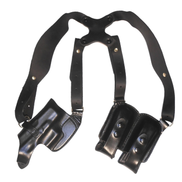 Schulterholster aus schwarzem Leder für S&W 5904 / 5906 mit Doppelmagazintasche